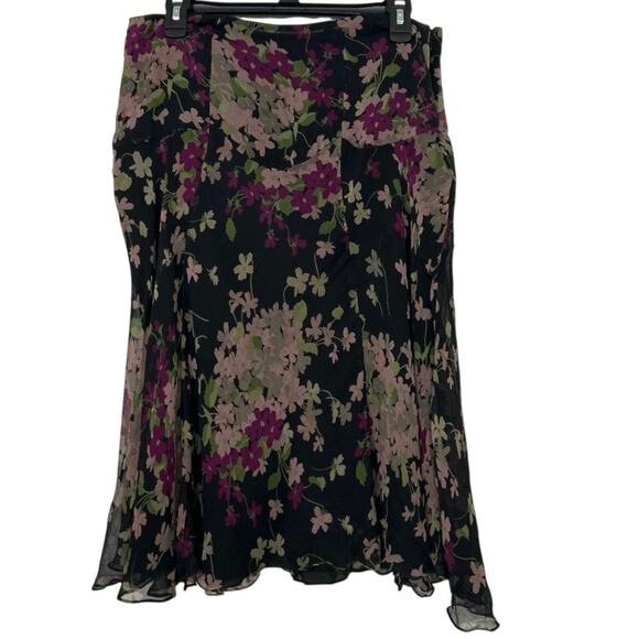Lauren Ralph Lauren Silk Black Purple Floral Midi Skirt Y2K Romantic Size 10 - Picture 2 of 11